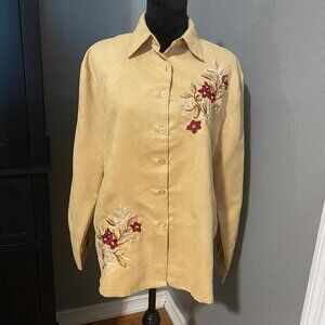 Faux Suede Shirt‎ Womens L Embroidered Floral Y2K Tan Western Boho Cowgirl